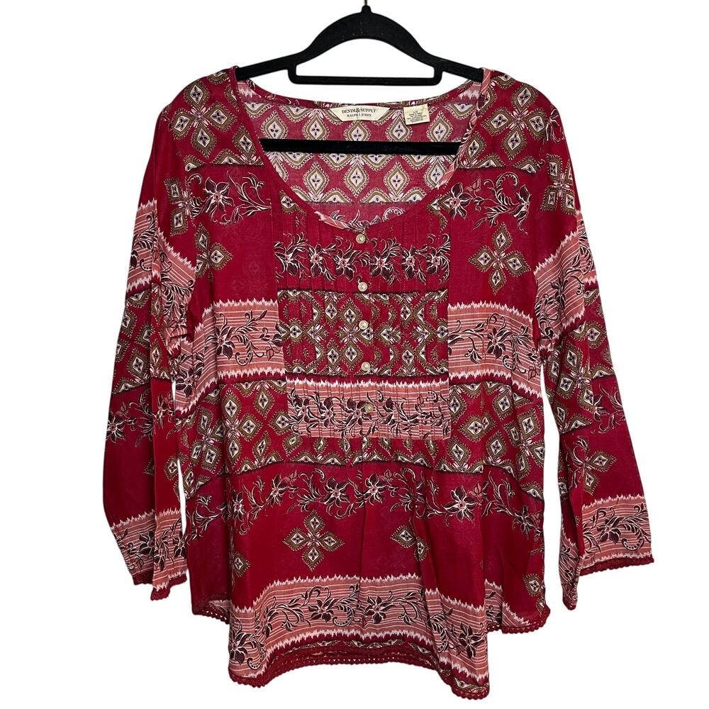 Denim & Supply Ralph Lauren Boho Peasant Blouse Red Paisley‎ Size Large Cottage